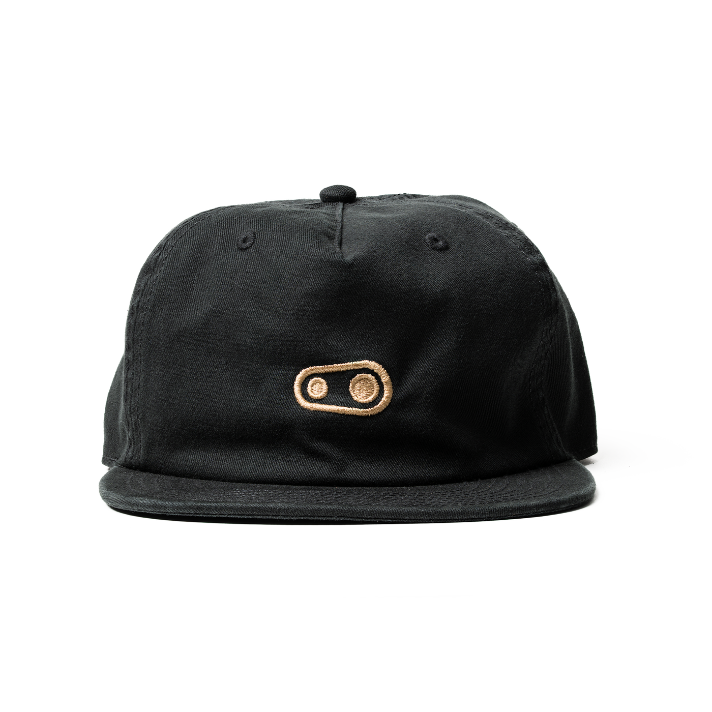 Black cap with a gold logo on a white background